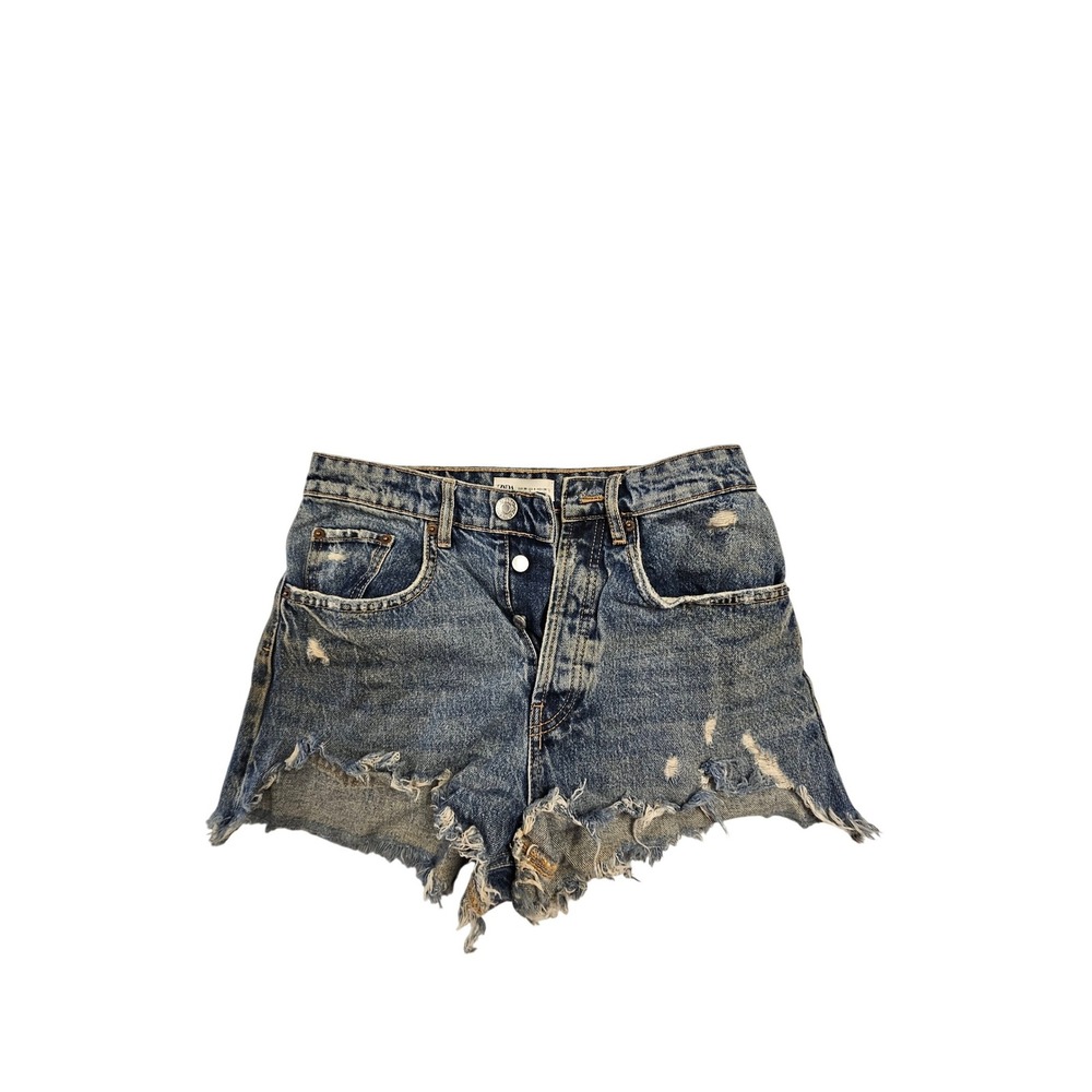 Zara Womens Distressed High Waisted Denim Shorts Blue Button Fly Size 4 26
